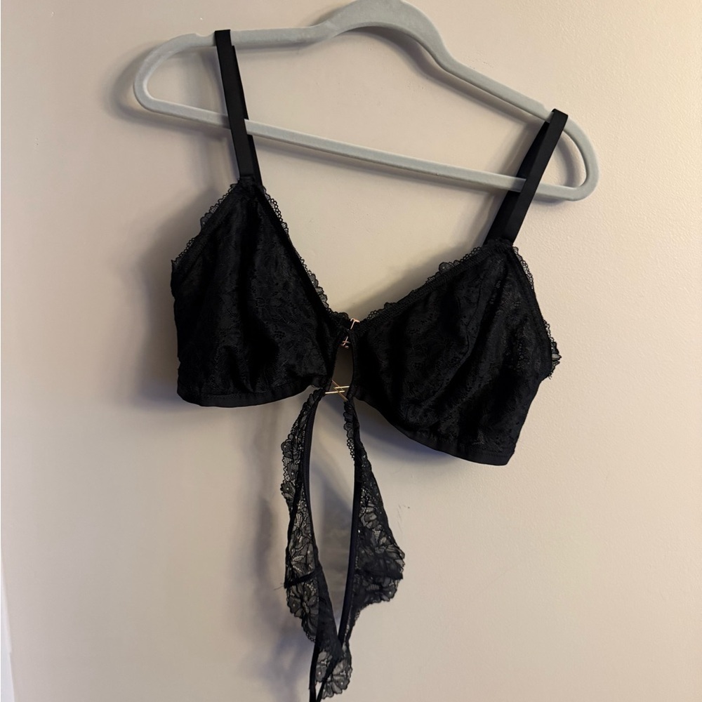 Aerie Real Good Black Lace Bralette Tie Front Gold Hardware
